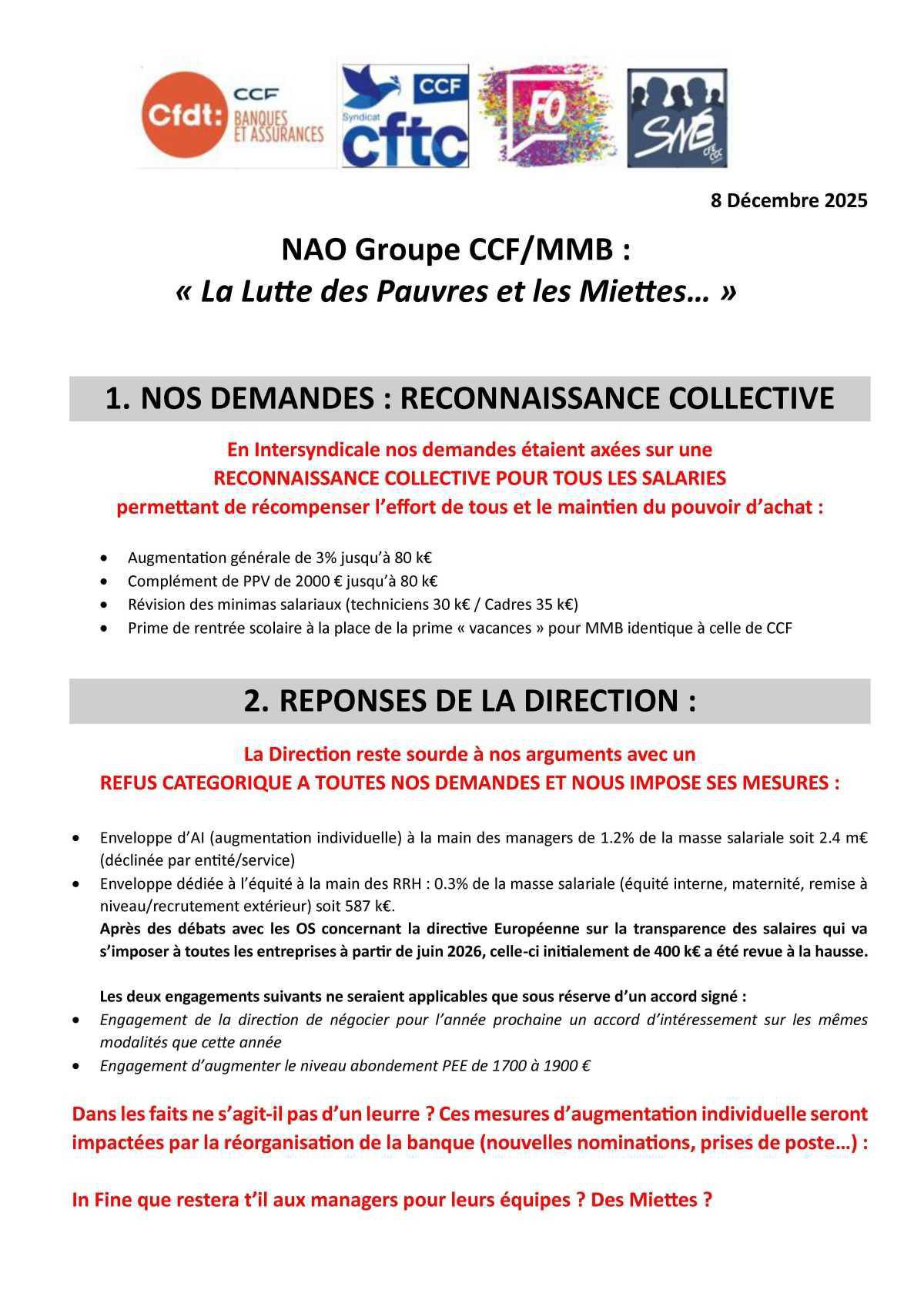 Négociations salariales CCF et MMB anticipées 2025/2026 - L'intersyndicale dénonce !