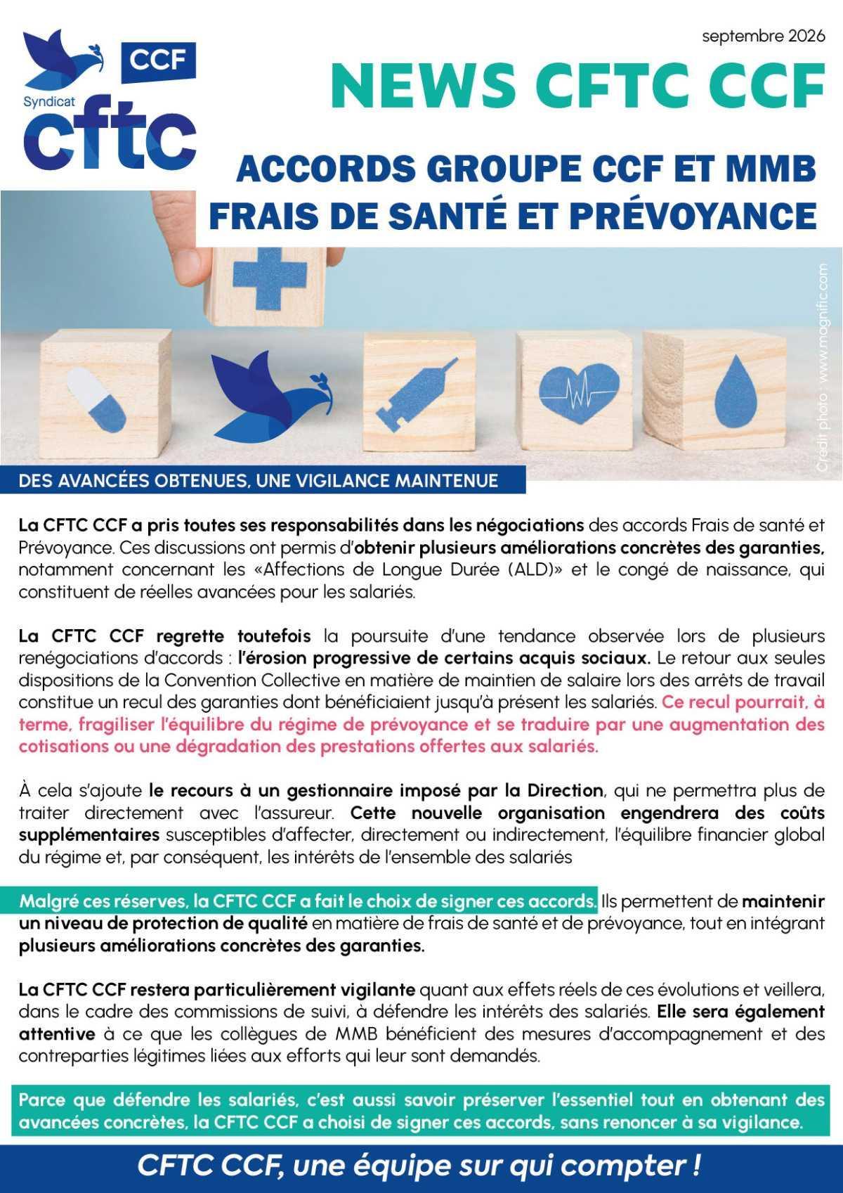 NEWS CFTC CCF / TRACT Accords Groupe CCF et MMB frais de santé et prévoyance - Accord QVCT NEWS CFTC CCF / TRACT Accords Groupe CCF et MMB frais de santé et prévoyance - Accord QVCT