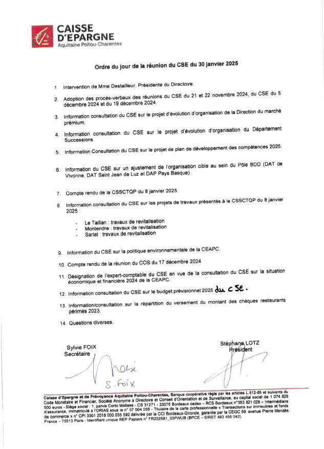 Ordre du jour du CSE du 30/01/2025