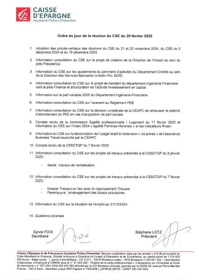 Ordre du jour du CSE du 20/02/2025 