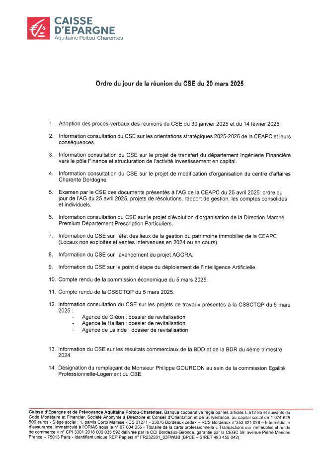 Ordre du jour du CSE du 20/03/2025