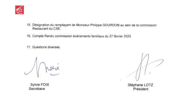 Ordre du jour du CSE du 20/03/2025