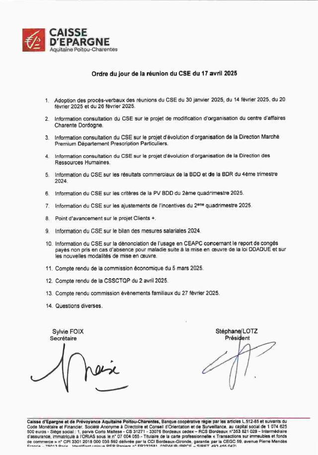 Ordre du jour CSE du 17 Avril 2025