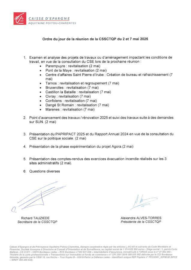 Ordre du jour CSSCT 02 et 07 mai 2025 