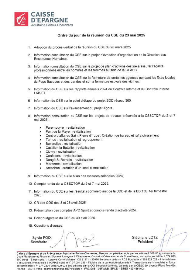 Ordre du jour CSE du 23/05/2025