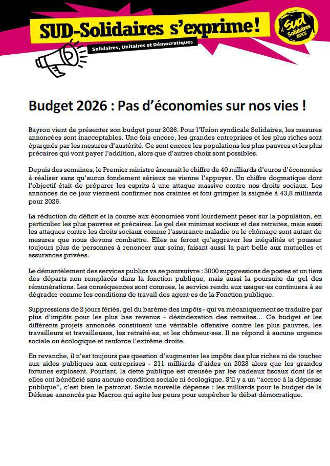 Budget 2026 : Pas d’économies sur nos vies ! 07/2025 National