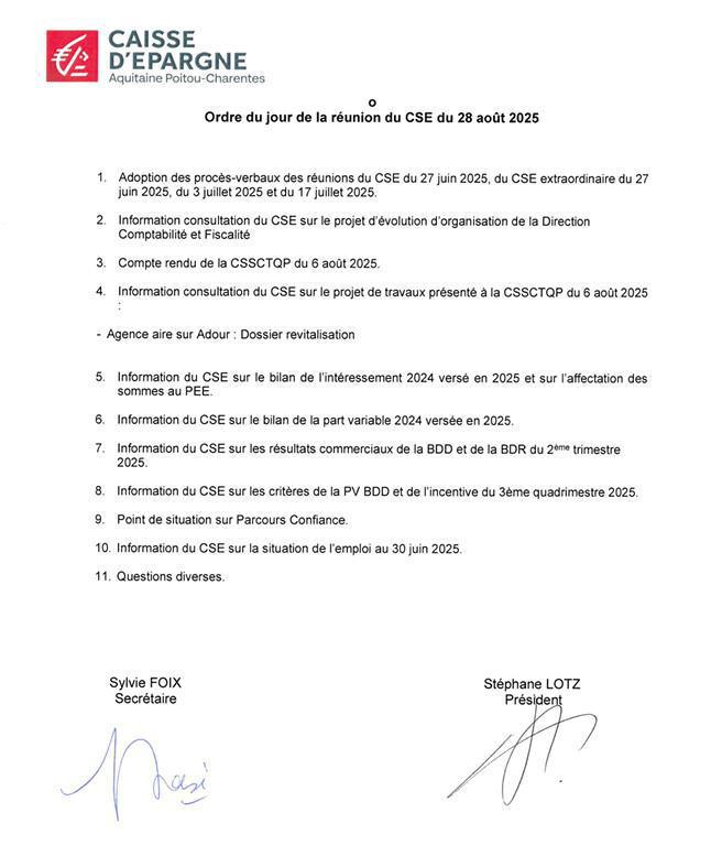 Ordre du jour du CSE du 28/08/2025 