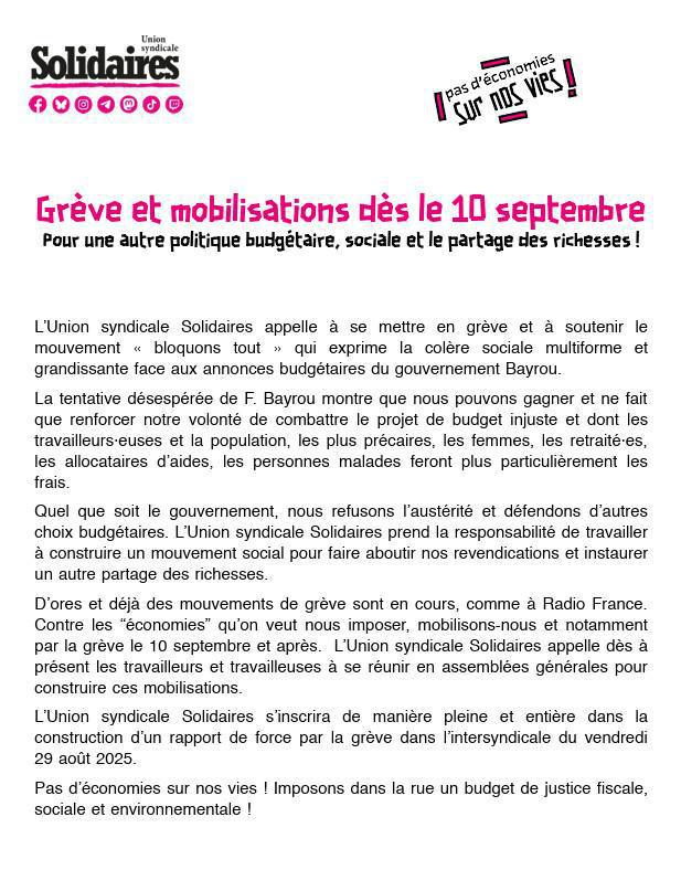 Grève et mobilisations dès le 10 septembre - 09/2025 National