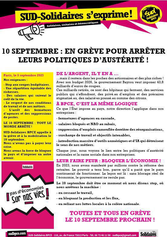 10 SEPTEMBRE : EN GRÈVE POUR ARRÊTER LEURS POLITIQUES D’AUSTÉRITÉ - 09/2025 National