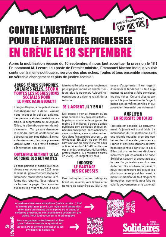 CONTRE L’AUSTÉRITÉ, POUR LE PARTAGE DES RICHESSES EN GRÈVE LE 18 SEPTEMBRE - 09/2025 National