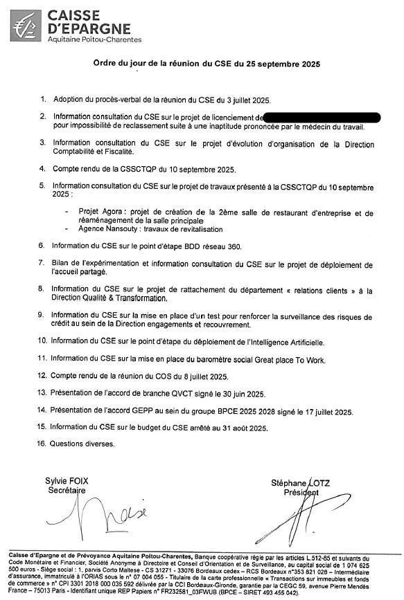 Ordre du jour du CSE du 25/09/2025