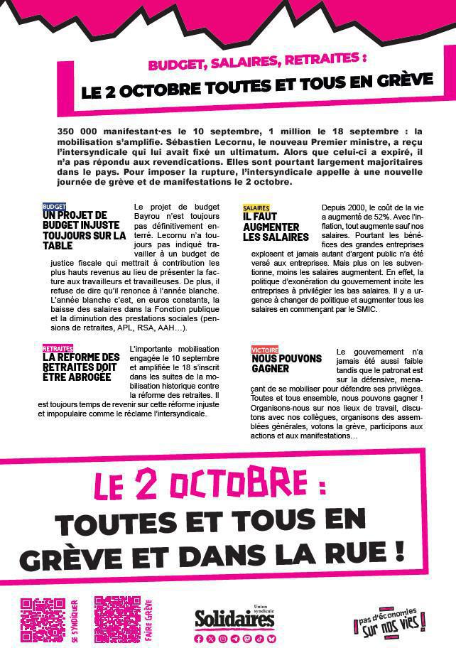 Le 2 octobre : toutes et tous en grève - 10/2025 National