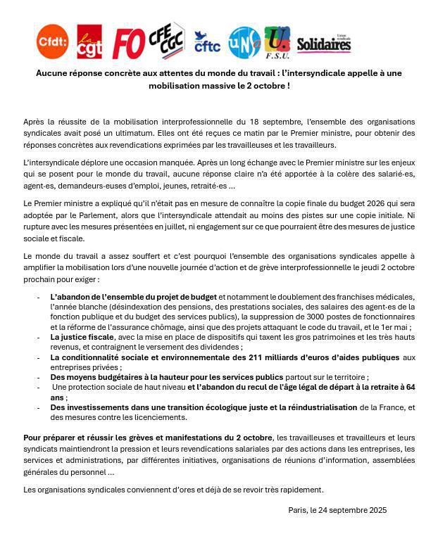 Aucune réponse concrète aux attentes du monde du travail - 10/2025 Intersyndical
