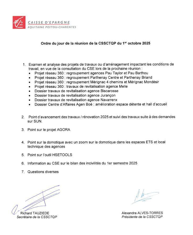 Ordre du jour de la CSSCTQP du 01/10/2025