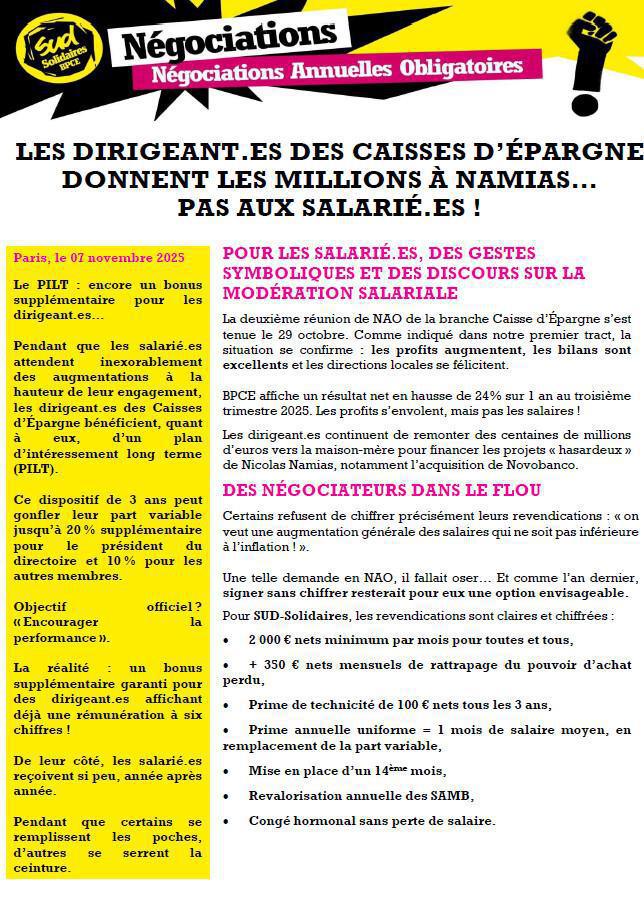 LES DIRIGEANT.ES DES CAISSES D’ÉPARGNE DONNENT LES MILLIONS À NAMIAS… PAS AUX SALARIÉ.ES ! - 11/2025 National