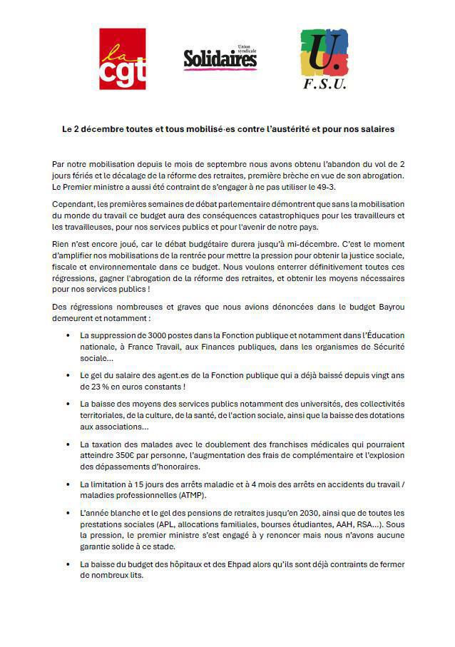 Le 2 décembre toutes et tous mobilisé·es contre l’austérité et pour nos salaires