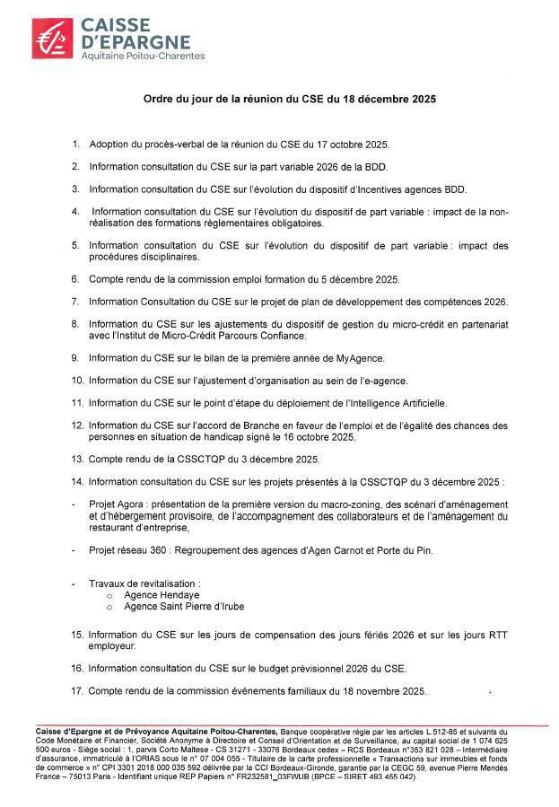Ordre du jour du CSE du 18/12/2025