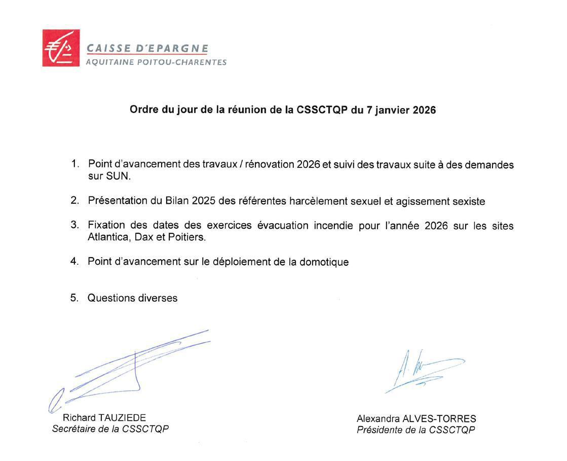 Ordre du jour de la CSSCT du 07/01/20265
