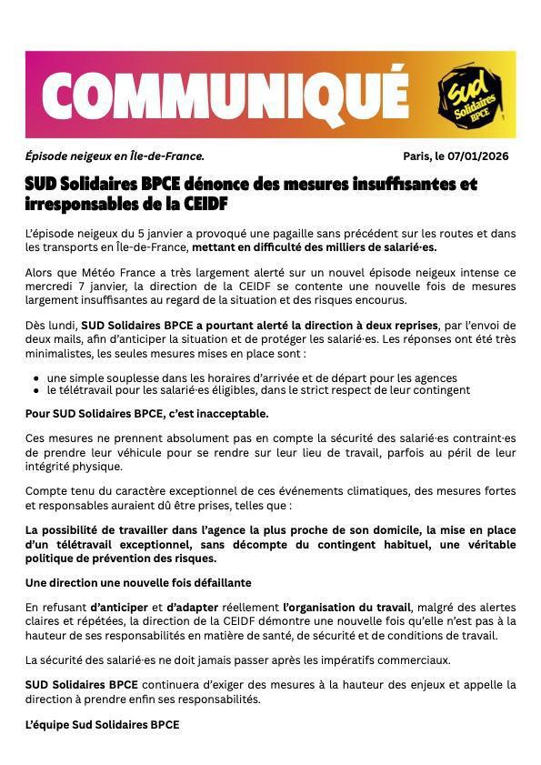 Sud Solidaires BPCE dénonce des mesures insuffisantes et irresponsables de la CEIDF