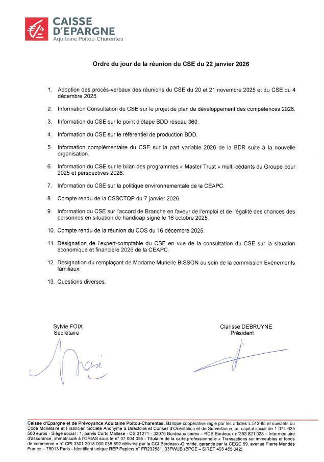 Ordre du jour du CSE du 22 Janvier 2026