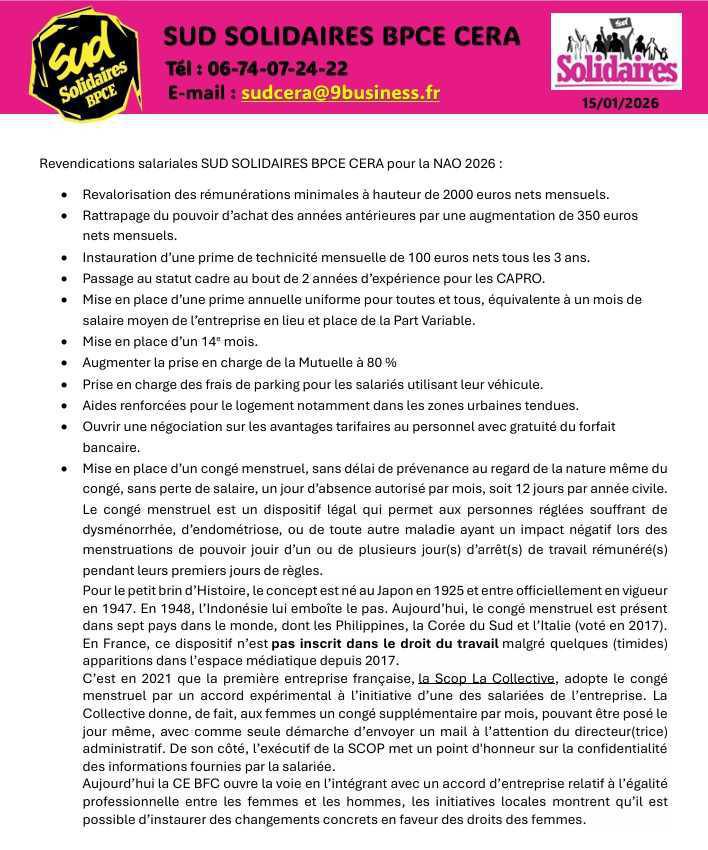 REVENDICATIONS SUD SOLIDAIRES BPCE CERA NAO LOCAL 2026