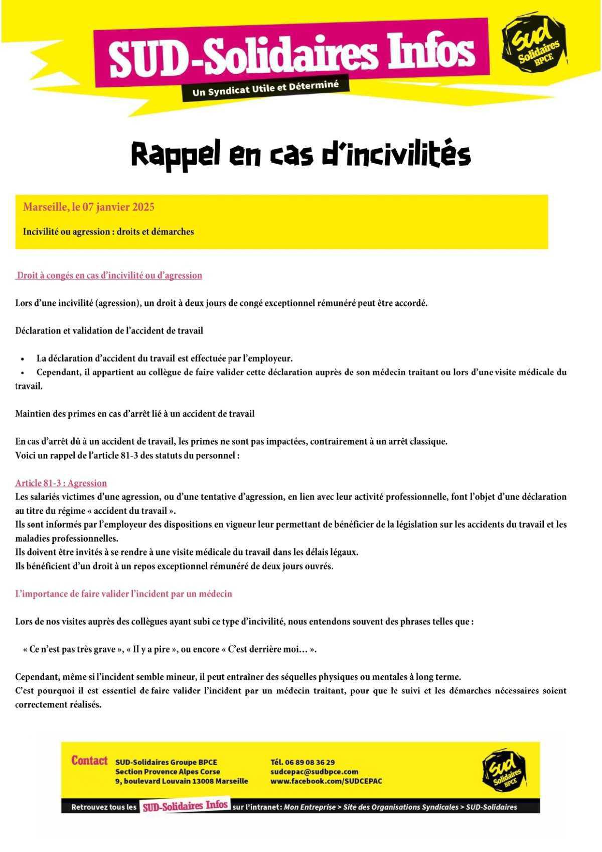 RAPPEL EN CAS D'INCIVILITES