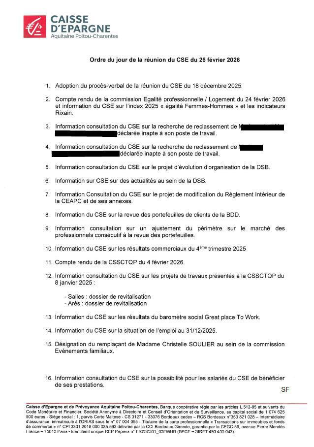 Ordre du jour du CSE du 25/01/2026