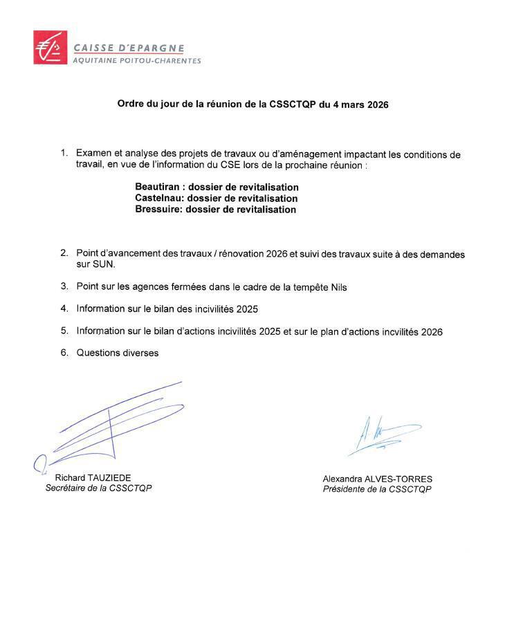 Ordre du jour CSSCT du 04/03/2026