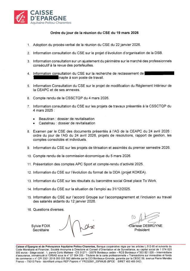 Odre du jour du CSE du 19/03/2026