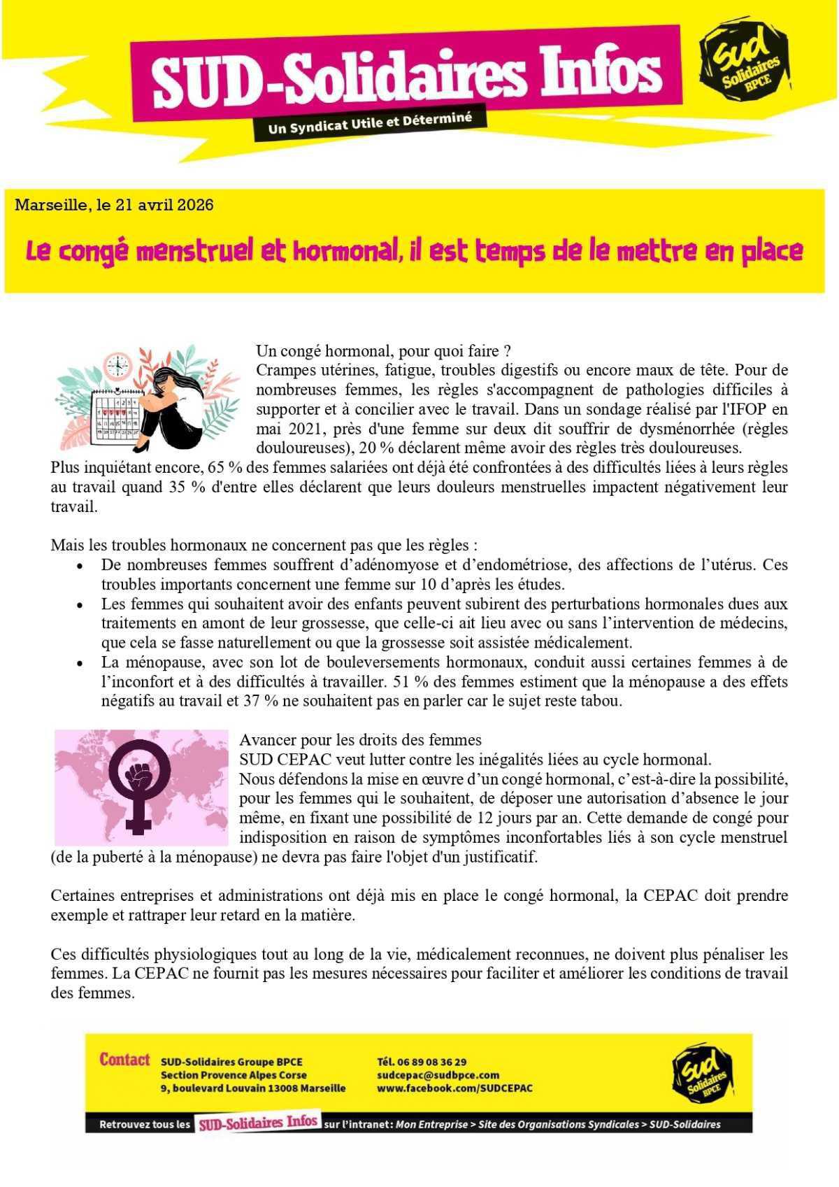 CONGE MENSTRUEL ET HORMONAL, IL EST TEMPS DE LE METTRE EN PLACE
