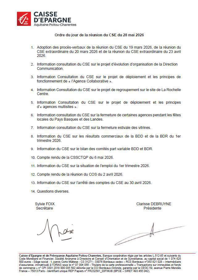 Ordre du jour du CSE du 28/05/2026