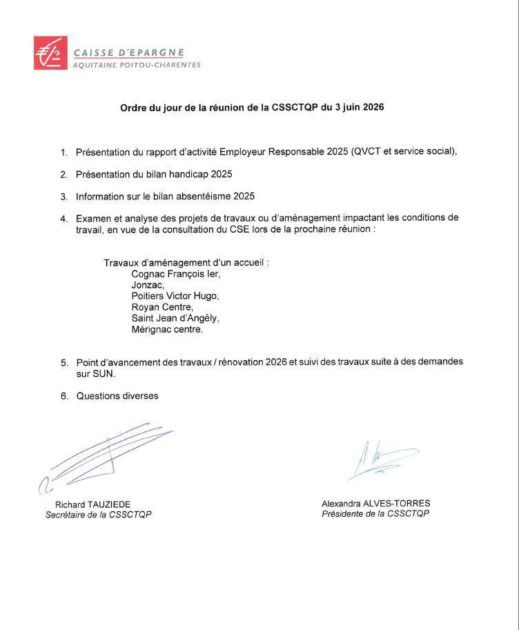 Ordre du jour de la CSSCT du 06/06/2026