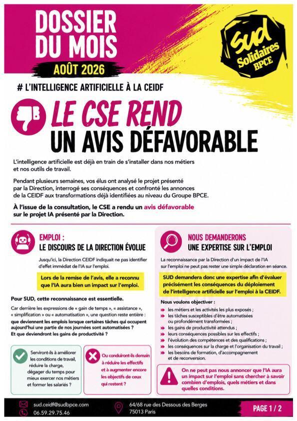 Le CSE rend un avis DÉFAVORABLE 