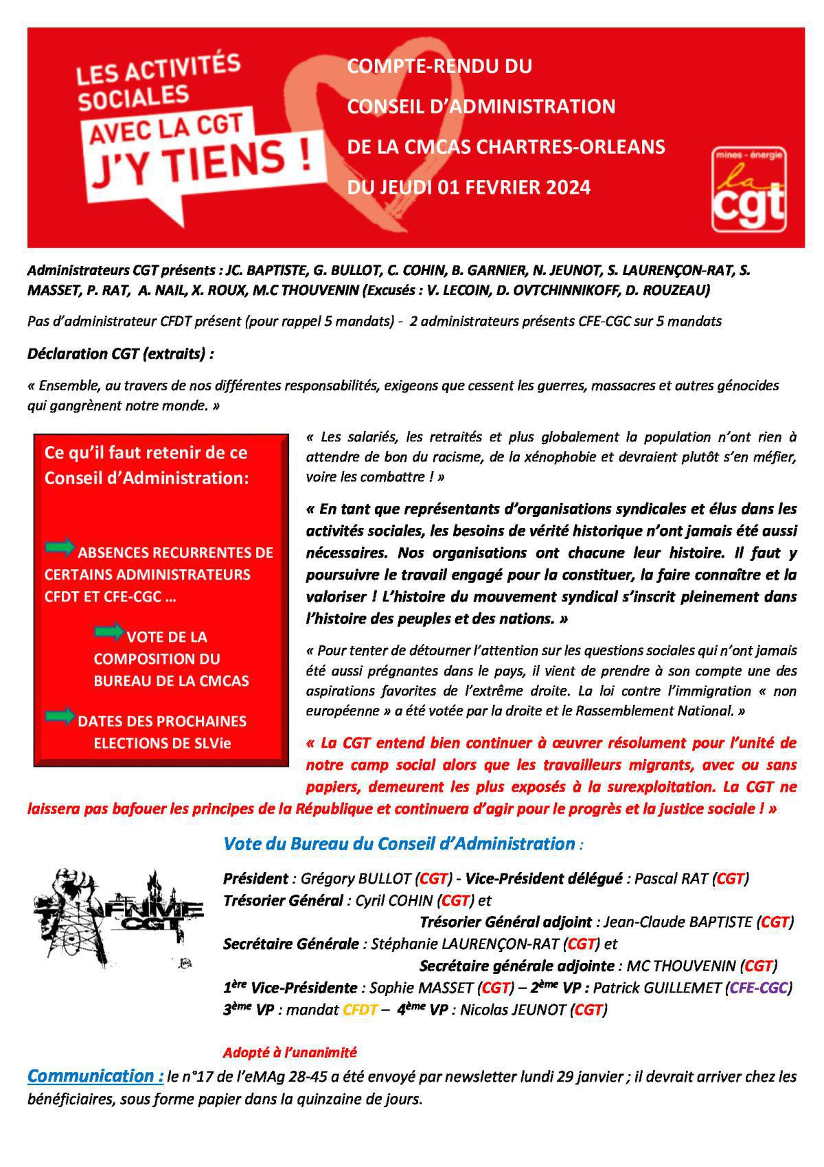 CR CGT Conseil d'Administration CMCAS du 1er février