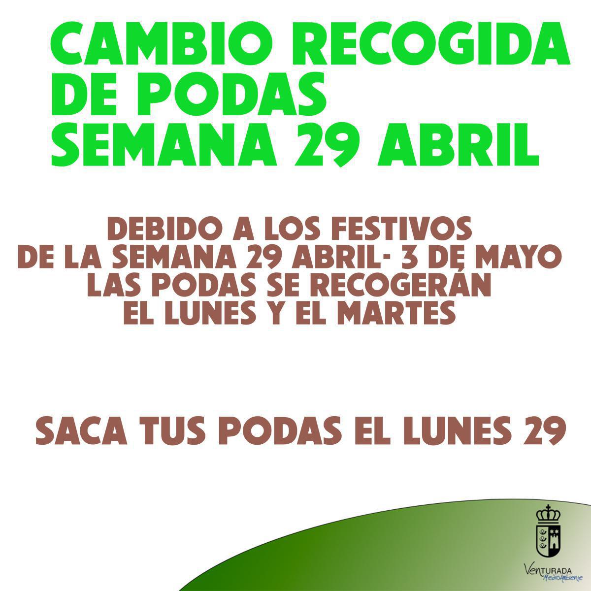 CAMBIO RECOGIDA PODAS POR FESTIVOS