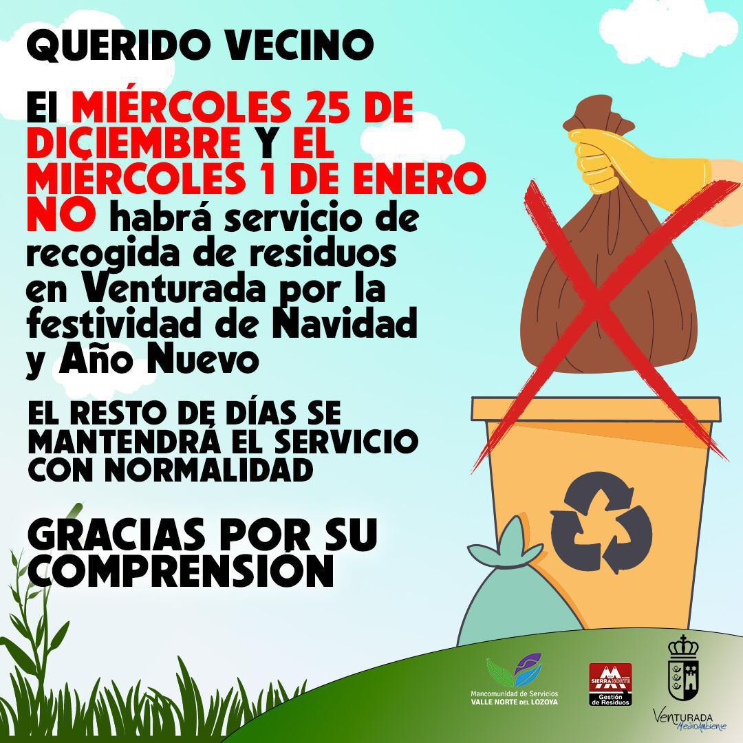 25 DE DICIEMBRE Y 1 DE ENERO NO HABRÁ SERVICIO DE RECOGIDA DE RESIDUOS