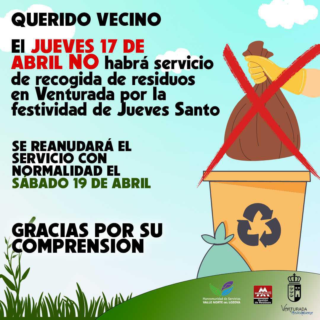 JUEVES 17 ABRIL NO HABRÁ SERVICIO DE RECOGIDA DE RESIDUOS