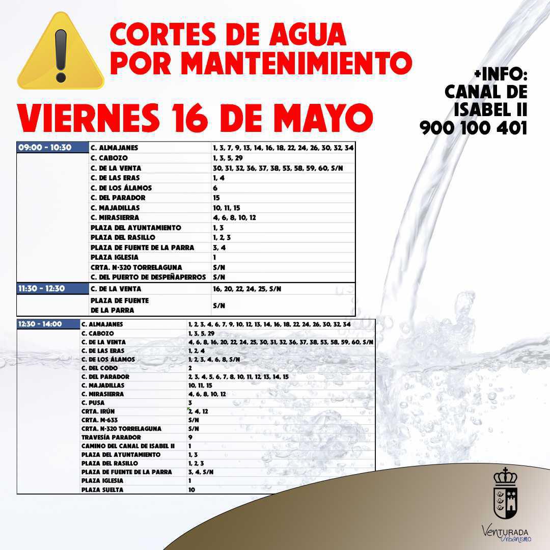 ATENCIÓN CORTES DE AGUA 15 Y 16 DE MAYO