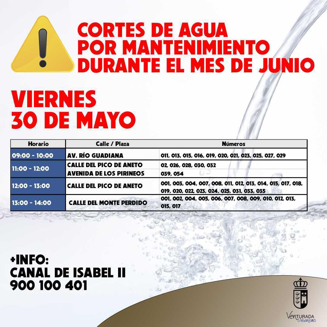 VIERNES 30 MAYO CORTES DE AGUA VIERNES 30 MAYO CORTES DE AGUA