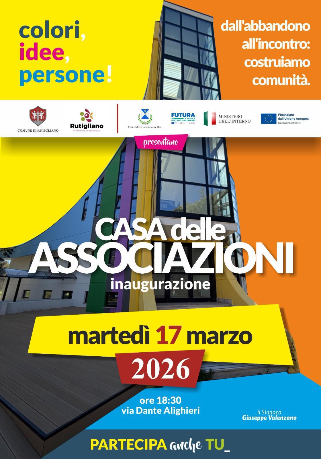 Inaugurazione Casa delle Associazioni “Dall’abbandono all’incontro: costruiamo comunità.” (inizio ore 18.30)