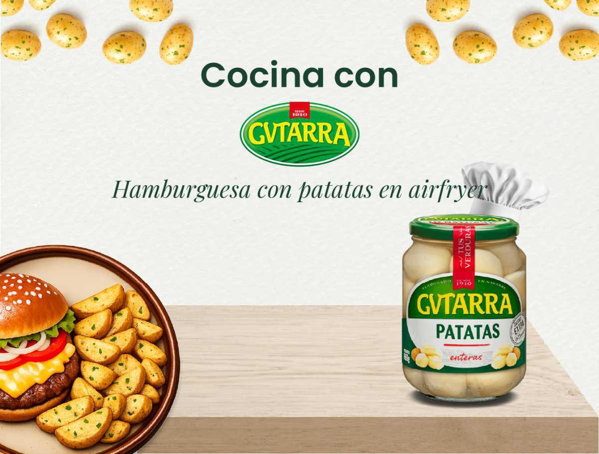 Hamburguesa con patatas en la airfyer