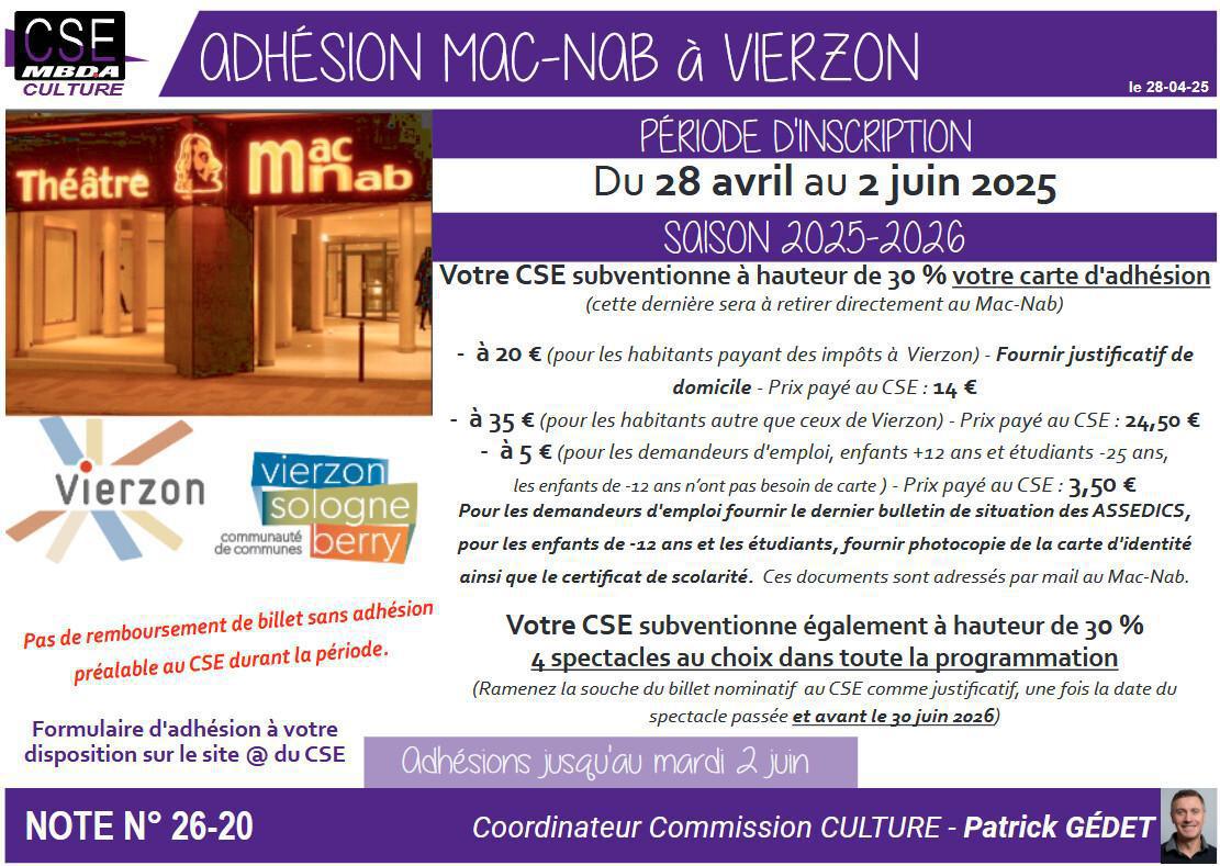 Presta CSE - Culture - Adhésion Mac-Nab à Vierzon