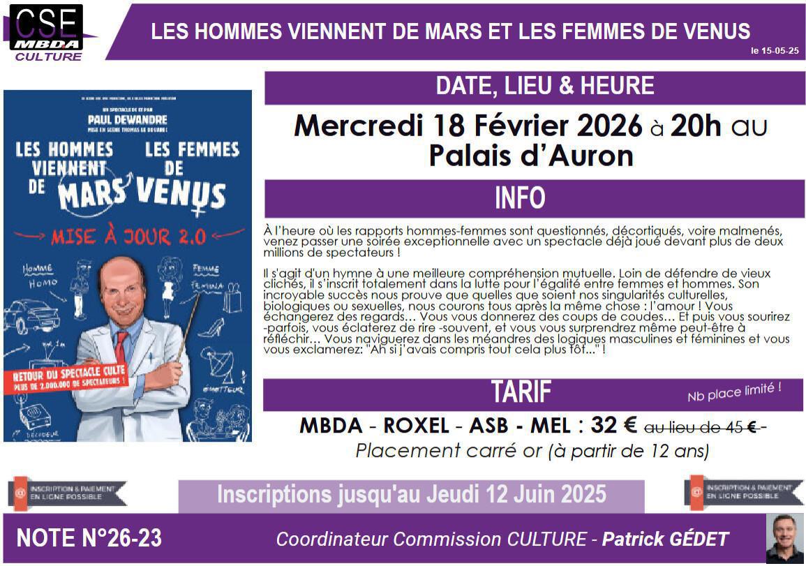 Presta CSE - Culture - Théâtre « Les hommes viennent de mars, les femmes de venus » au Palais d’Auron