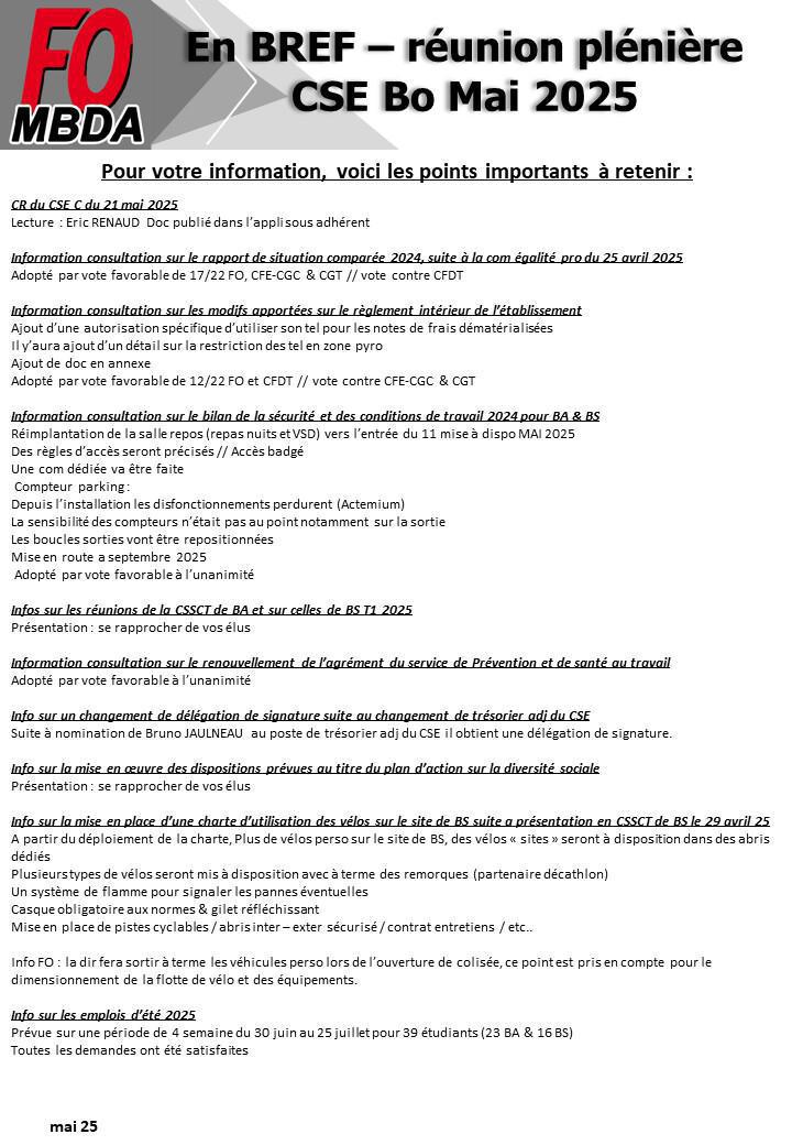 CSE BO - plénière de Mai en bref !