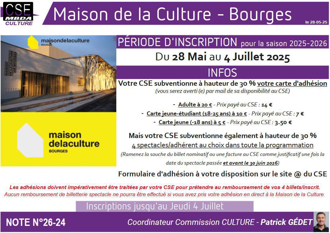 PRESTA CSE - Culture - Adhésion Maison de La Culture à Bourges 2025-2026