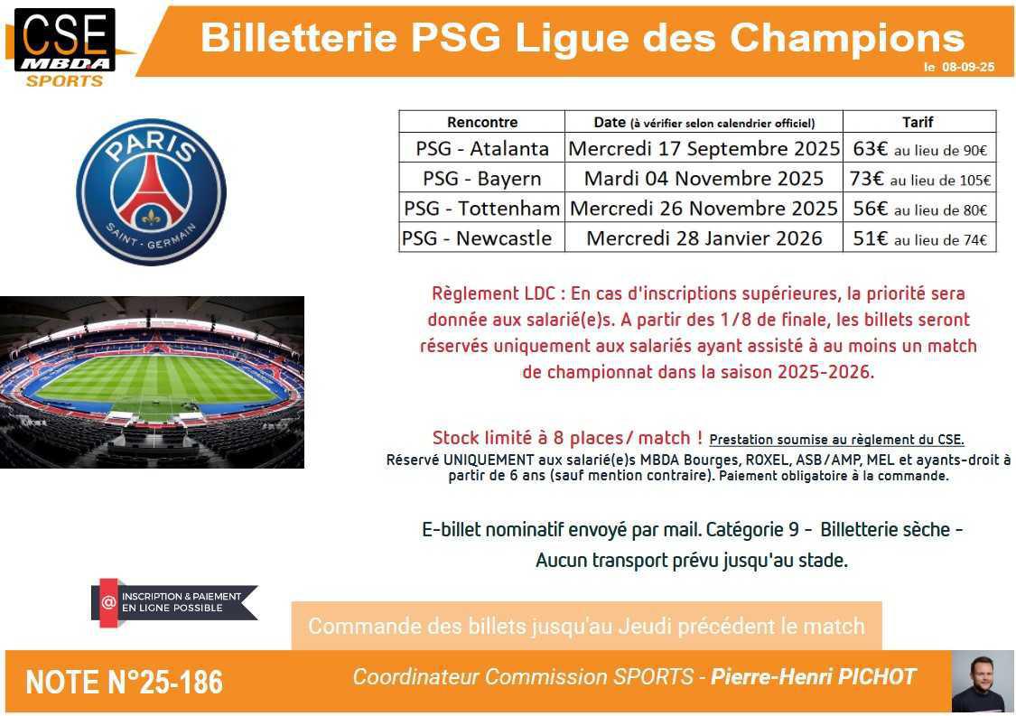 PRESTA CSE - Sport - Billetterie PSG Saison 2025-2026 & ligue des champions
