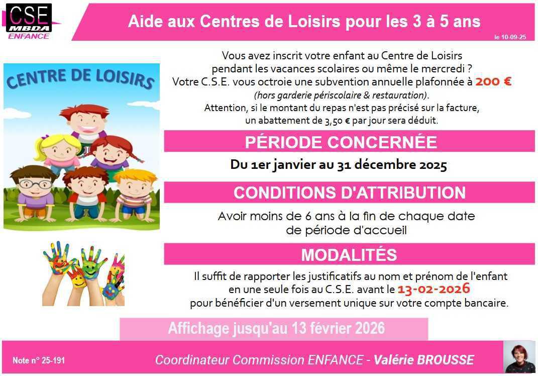 PRESTA CSE - Enfance - Aide aux Centres de Loisirs pour les 3 à 5 ans
