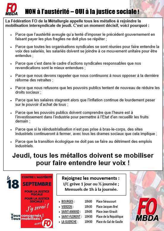 Appel fédéral et confédéral FO pour la mobilisation du 18 septembre ! Appel fédéral et confédéral FO pour la mobilisation du 18 septembre !