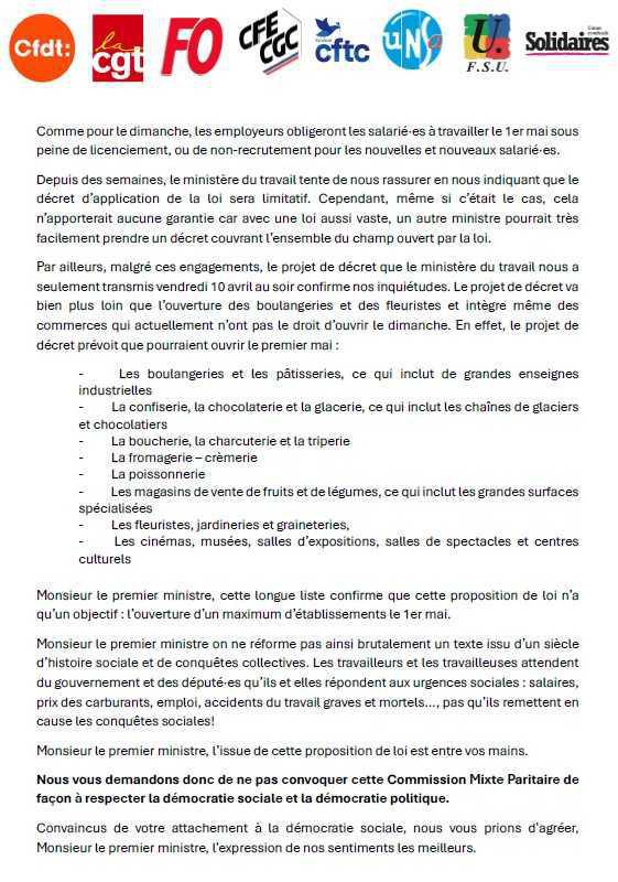 Info FO : Loi sur le travail le 1er Mai // Courrier intersyndical au premier ministre. 