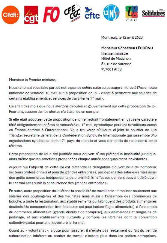 Info FO : Loi sur le travail le 1er Mai // Courrier intersyndical au premier ministre. 